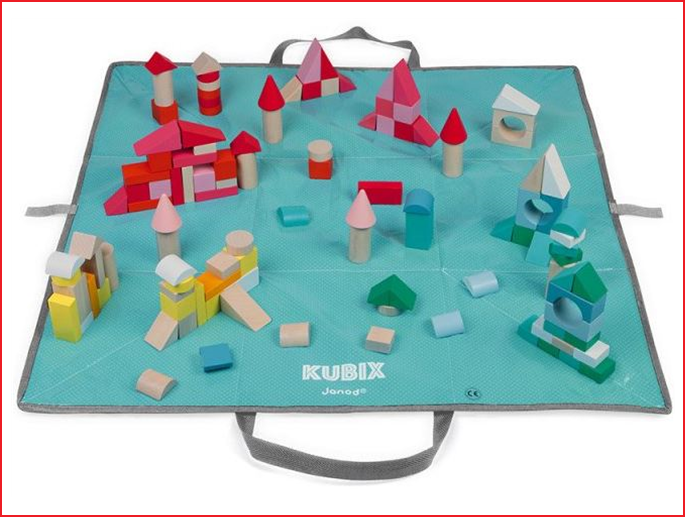 Janod Kubix bouwblokkenset bestaande uit 120 kleurrijke blokjes en een speelmat